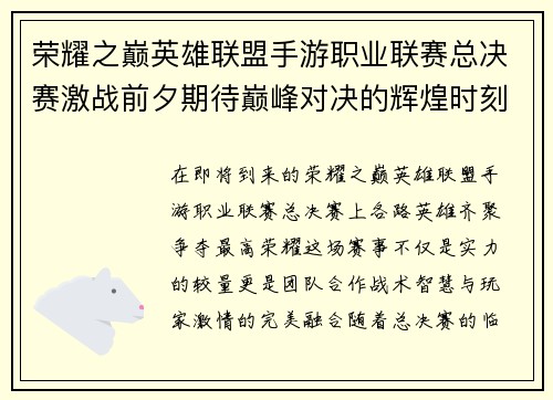 荣耀之巅英雄联盟手游职业联赛总决赛激战前夕期待巅峰对决的辉煌时刻